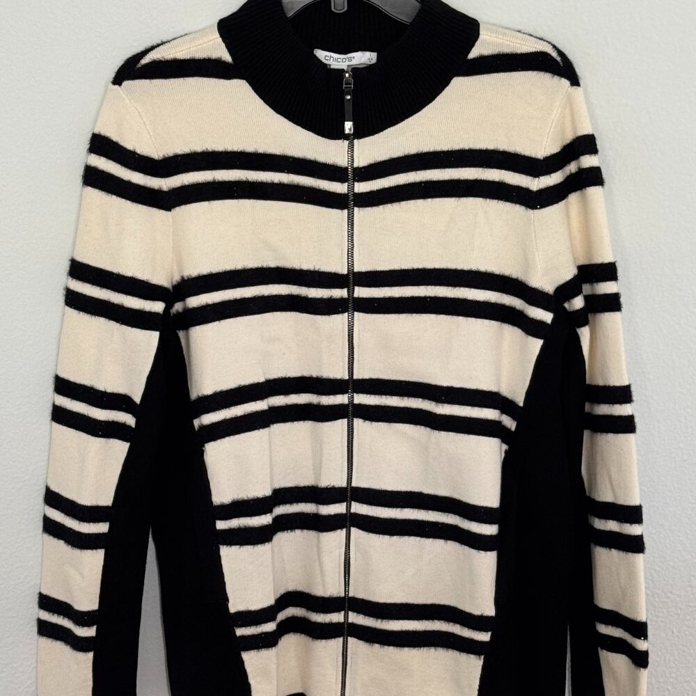 Chico's knit zip-up sweater. Black and white strip and color block.Size 1.